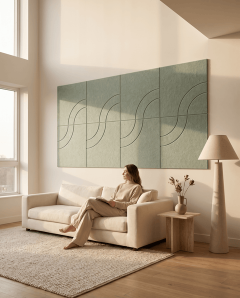 Loa III akoestische kunst in saliegroen als sfeervolle wand in een woonkamer