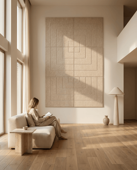 Loa IV akoestische kunst in zand als sfeervolle wand in een woonkamer