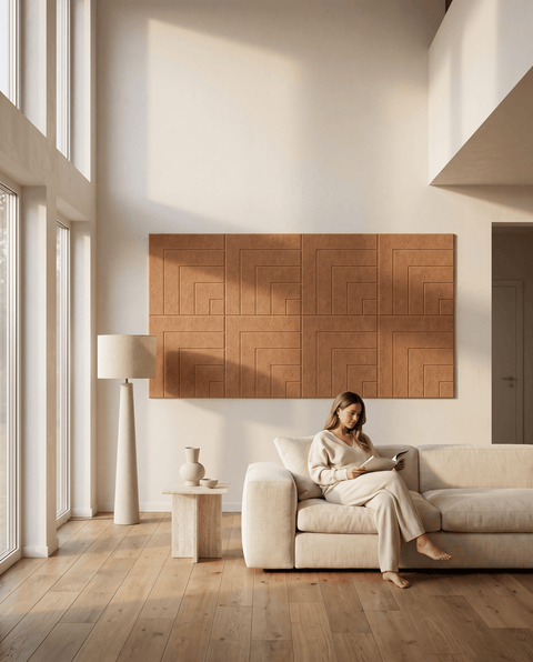 Loa IV akoestische kunst in cognac als sfeervolle wand in een woonkamer