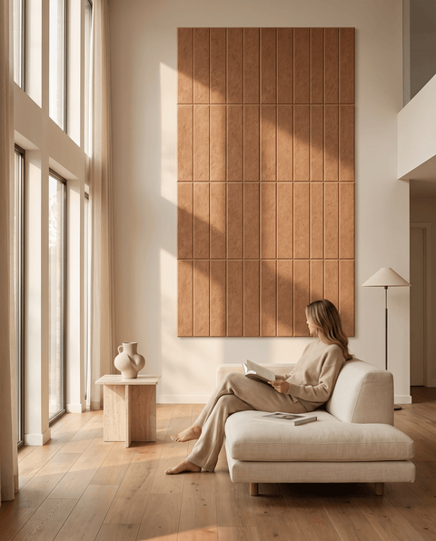 Loa V akoestische kunst in cognac als sfeervolle wand in een woonkamer