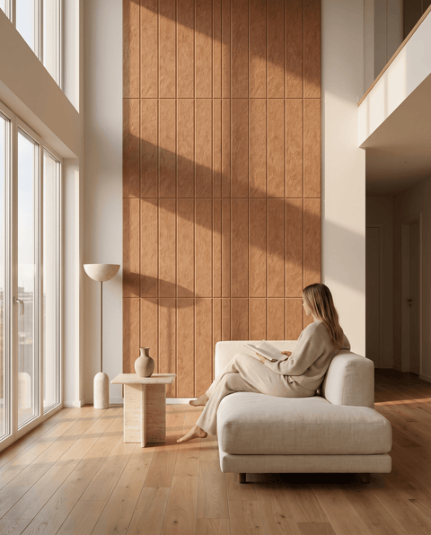 Loa V akoestische kunst in cognac als sfeervolle wand in een woonkamer