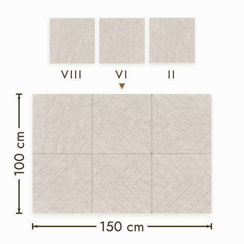 Akoestische wandpanelen uit de Loa-serie gemixt tot een wand, PET-vilt in beige