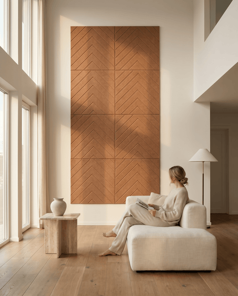 Loa VI akoestische kunst in cognac als sfeervolle wand in een woonkamer