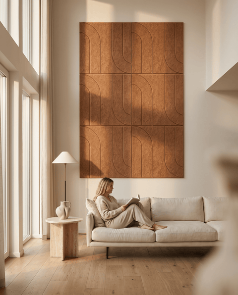 Maya I akoestische kunst in cognac als sfeervolle wand in een woonkamer
