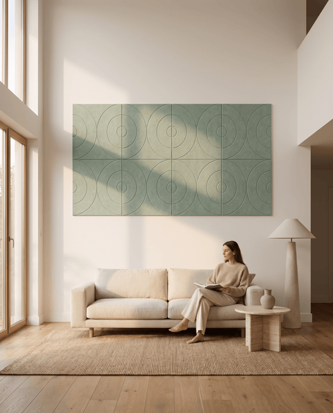 Maya II akoestische kunst in saliegroen als sfeervolle wand in een woonkamer