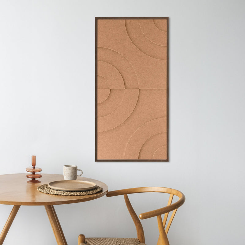 Maya III – akustisches 3D-Gemälde in Tiefgrün – Reliefkreise – im Esszimmer – 50 x 100 cm