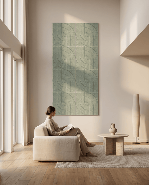 Maya VIII akoestische kunst in saliegroen als sfeervolle wand in een woonkamer