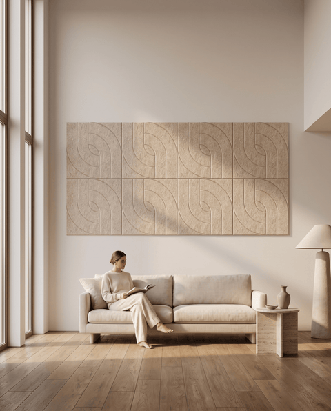 Maya VIII akoestische kunst in zand als sfeervolle wand in een woonkamer