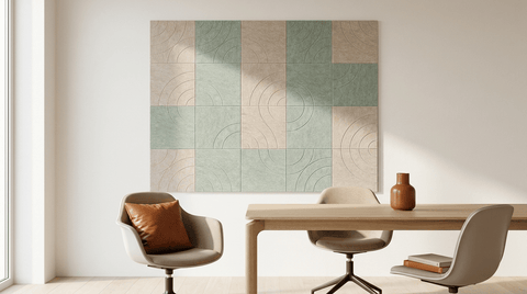 Mee de trap op, akoestische wand van 8 viltpanelen, samen 250 bij 200 cm, in een kantoor