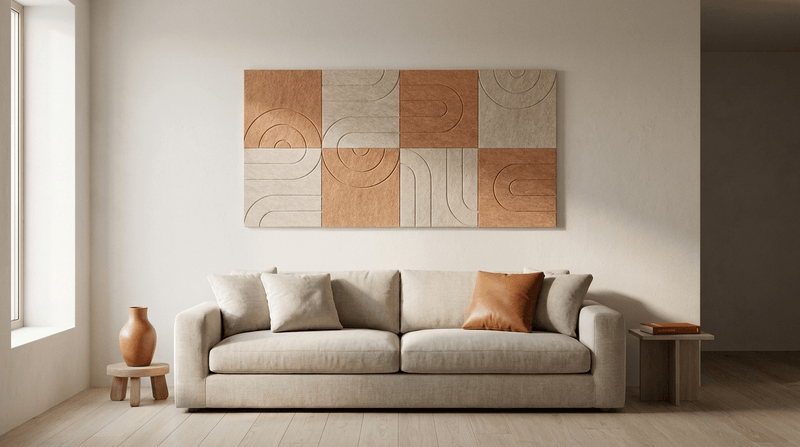 Middag in de heuvels, akoestische wand van 8 viltpanelen, samen 200 bij 100 cm, in een woonkamer