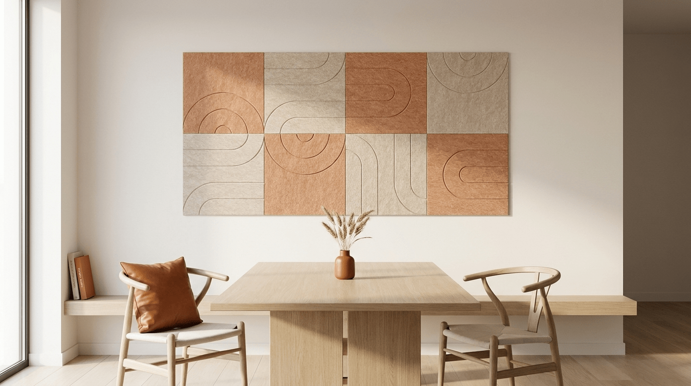 Middag in de heuvels, akoestische wand van 8 viltpanelen, samen 200 bij 100 cm, in een kantoor