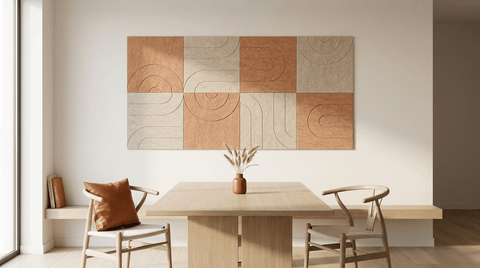 Middag in de heuvels, akoestische wand van 8 viltpanelen, samen 200 bij 100 cm, in een kantoor