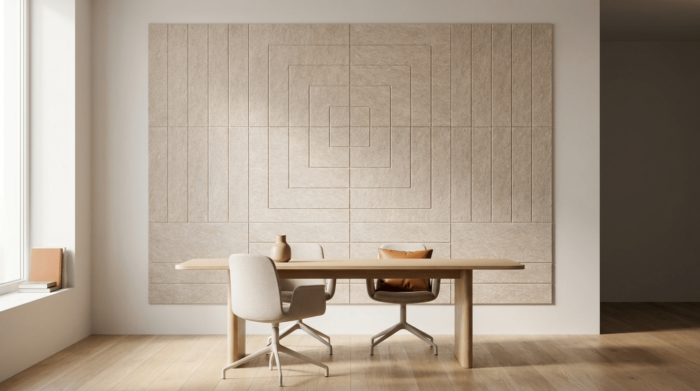 Monoliet in daglicht, akoestische wand van 12 viltpanelen, samen 200 bij 150 cm, in een kantoor
