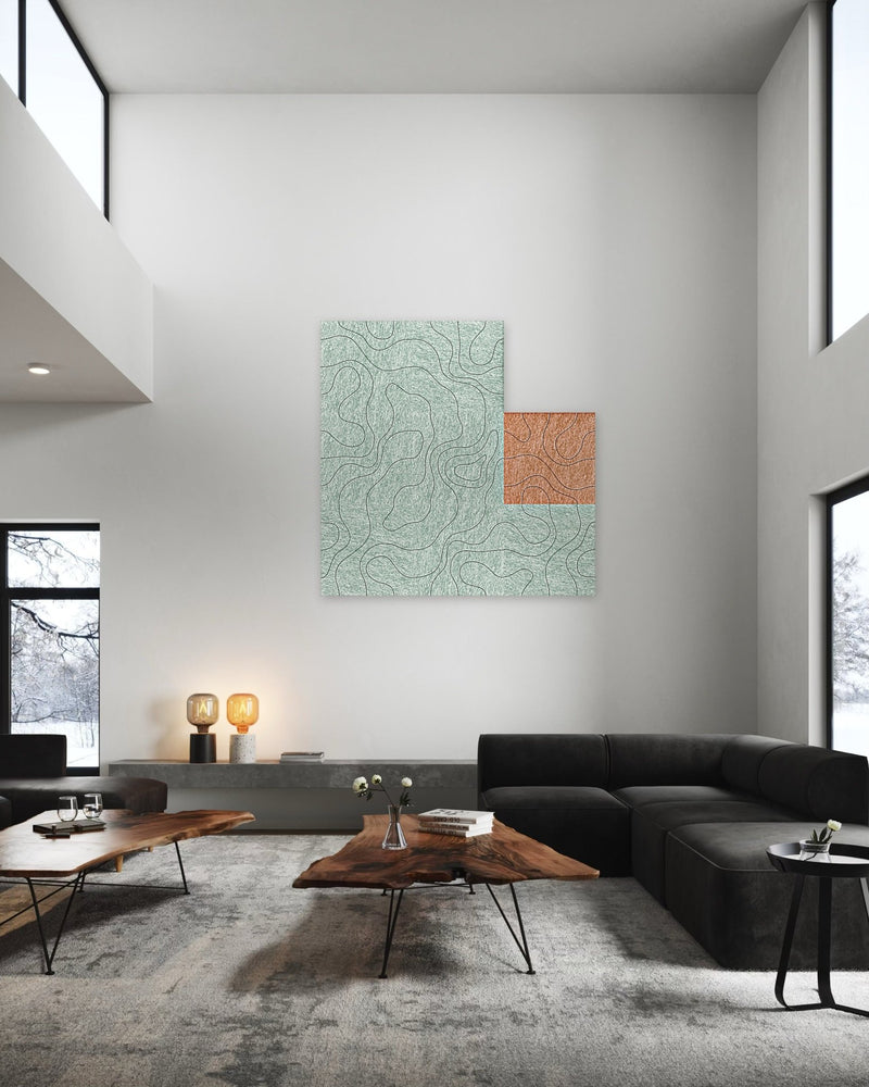 Perfect onaf, in groen, akoestische wand van 8 viltpanelen in Wabi-sabi · sage-stijl, 150 x 150 cm