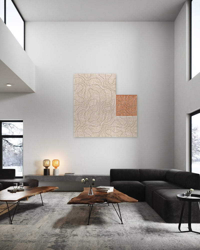 Perfect onaf, akoestische wand van 8 viltpanelen in Wabi-sabi-stijl, 150 x 150 cm
