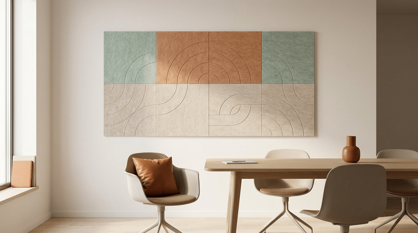 Regenbogen van vilt, akoestische wand van 8 viltpanelen, samen 200 bij 100 cm, in een kantoor
