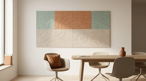 Regenbogen van vilt, akoestische wand van 8 viltpanelen, samen 200 bij 100 cm, in een kantoor