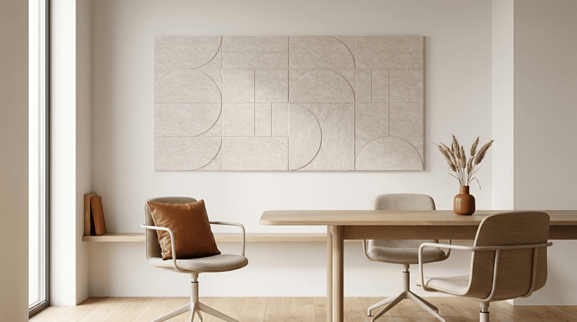 Ritme in gebroken wit, akoestische wand van 8 viltpanelen, samen 100 bij 200 cm, in een kantoor