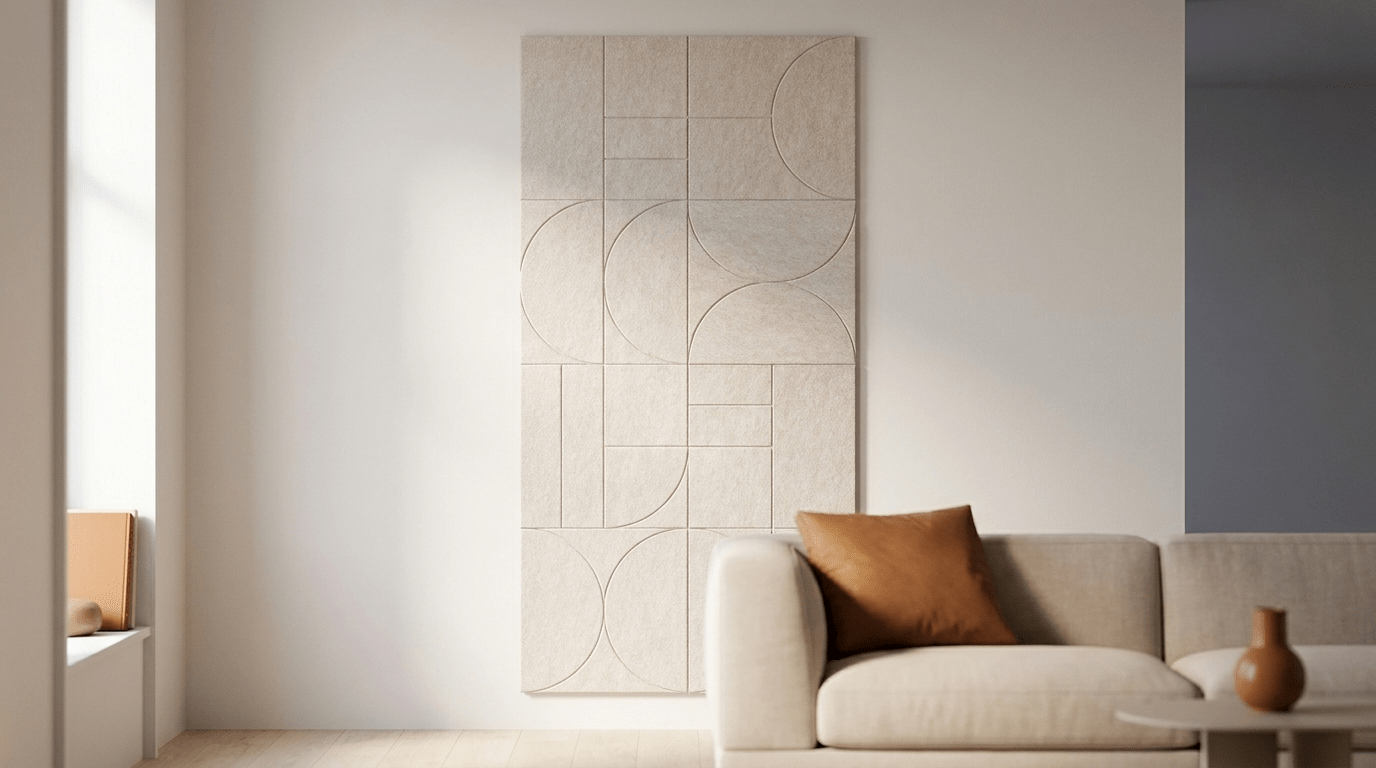 Ritme in gebroken wit, akoestische wand van 8 viltpanelen, samen 100 bij 200 cm, in een woonkamer