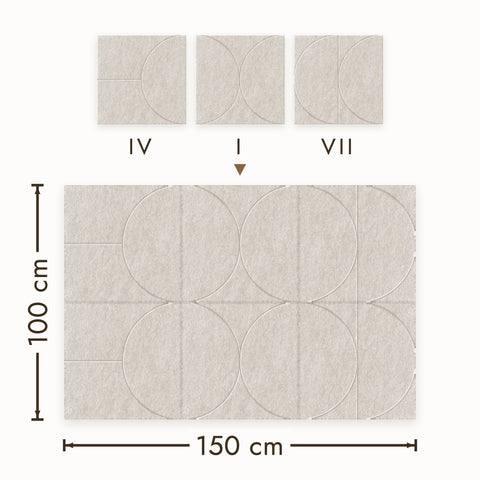 Akoestische wandpanelen uit de Sadé-serie gemixt tot een wand, PET-vilt in beige
