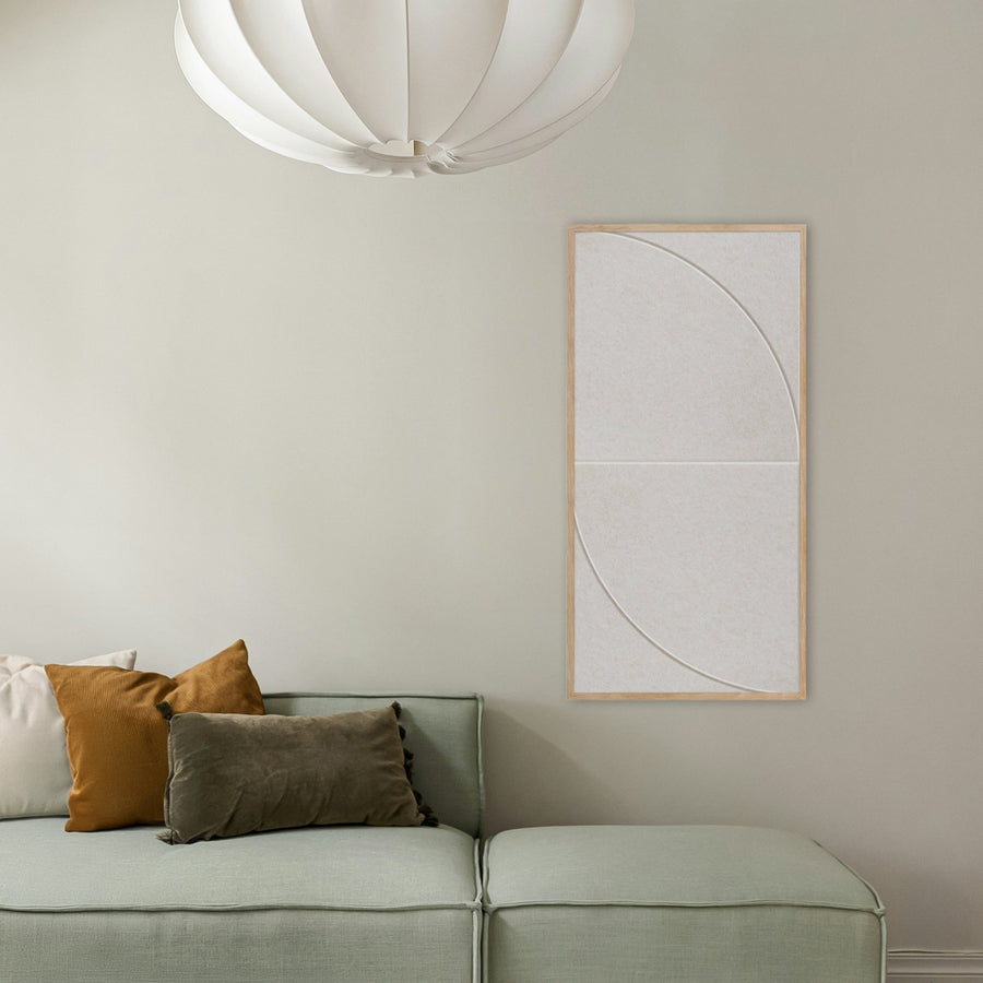 Silent Horizon akoestisch schilderij in beige - halve cirkels - in woonkamer boven bank - 50x100cm