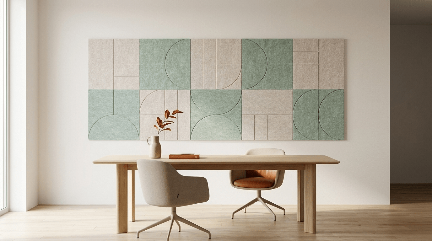 Strak op het land, akoestische wand van 10 viltpanelen, samen 250 bij 100 cm, in een kantoor