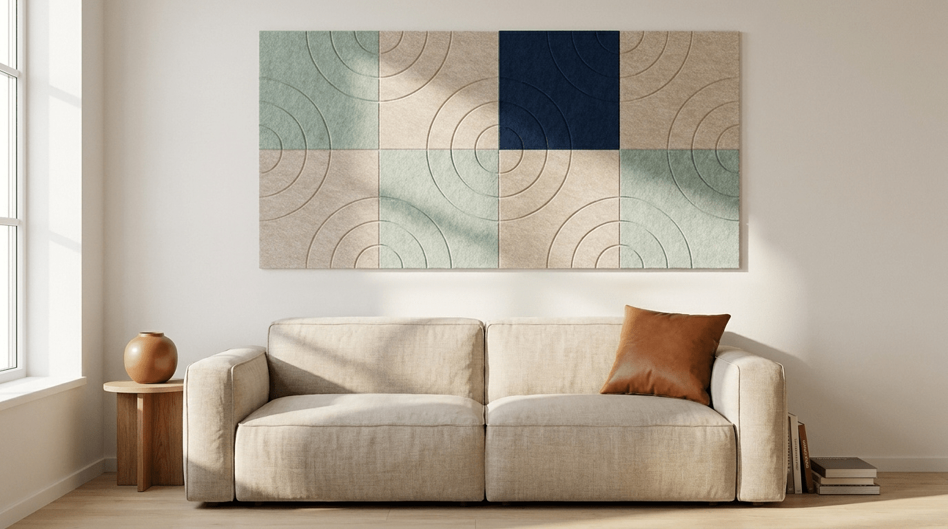 Supergraphic, afgekoeld, akoestische wand van 8 viltpanelen, samen 200 bij 100 cm, in een woonkamer