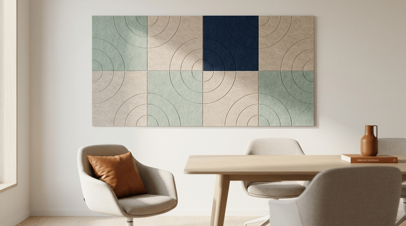 Supergraphic, afgekoeld, akoestische wand van 8 viltpanelen, samen 200 bij 100 cm, in een kantoor
