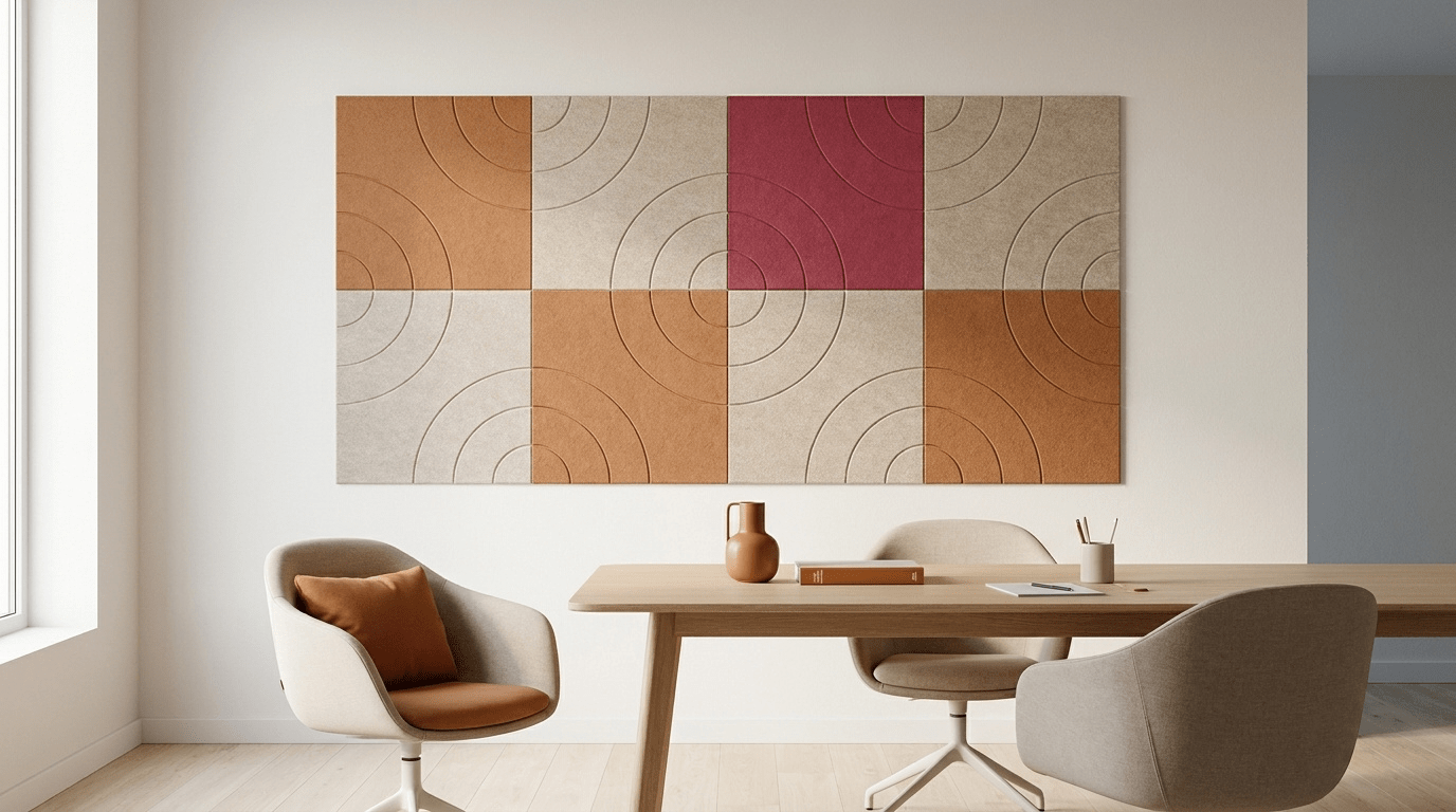 Supergraphic, akoestische wand van 8 viltpanelen, samen 200 bij 100 cm, in een kantoor