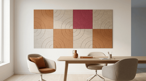 Supergraphic, akoestische wand van 8 viltpanelen, samen 200 bij 100 cm, in een kantoor
