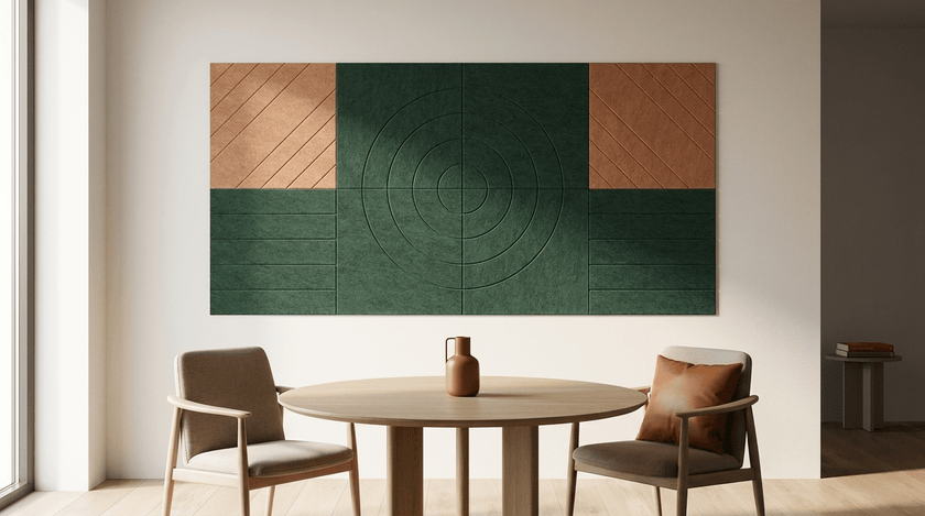 Tafel voor twee, zonder rumoer, akoestische wand van 8 viltpanelen, samen 200 bij 100 cm, in een kantoor