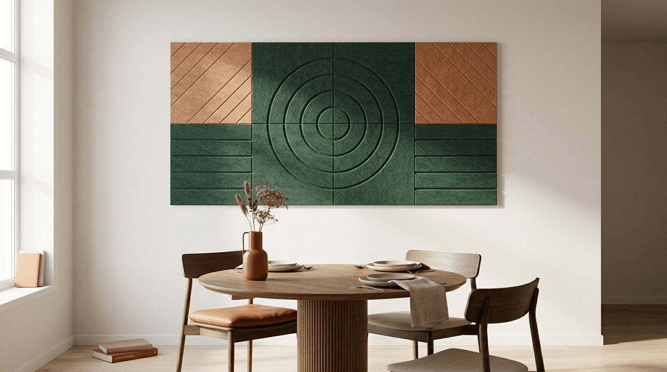 Tafel voor twee, zonder rumoer, akoestische wand van 8 viltpanelen, samen 200 bij 100 cm, boven een ronde eettafel in een eethoek