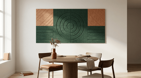 Tafel voor twee, zonder rumoer, akoestische wand van 8 viltpanelen, samen 200 bij 100 cm, boven een ronde eettafel in een eethoek