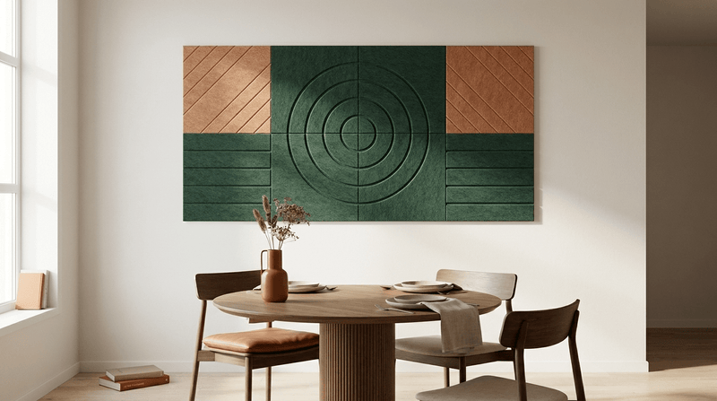 Tafel voor twee, zonder rumoer, akoestische wand van 8 viltpanelen, samen 200 bij 100 cm, boven een ronde eettafel in een eethoek