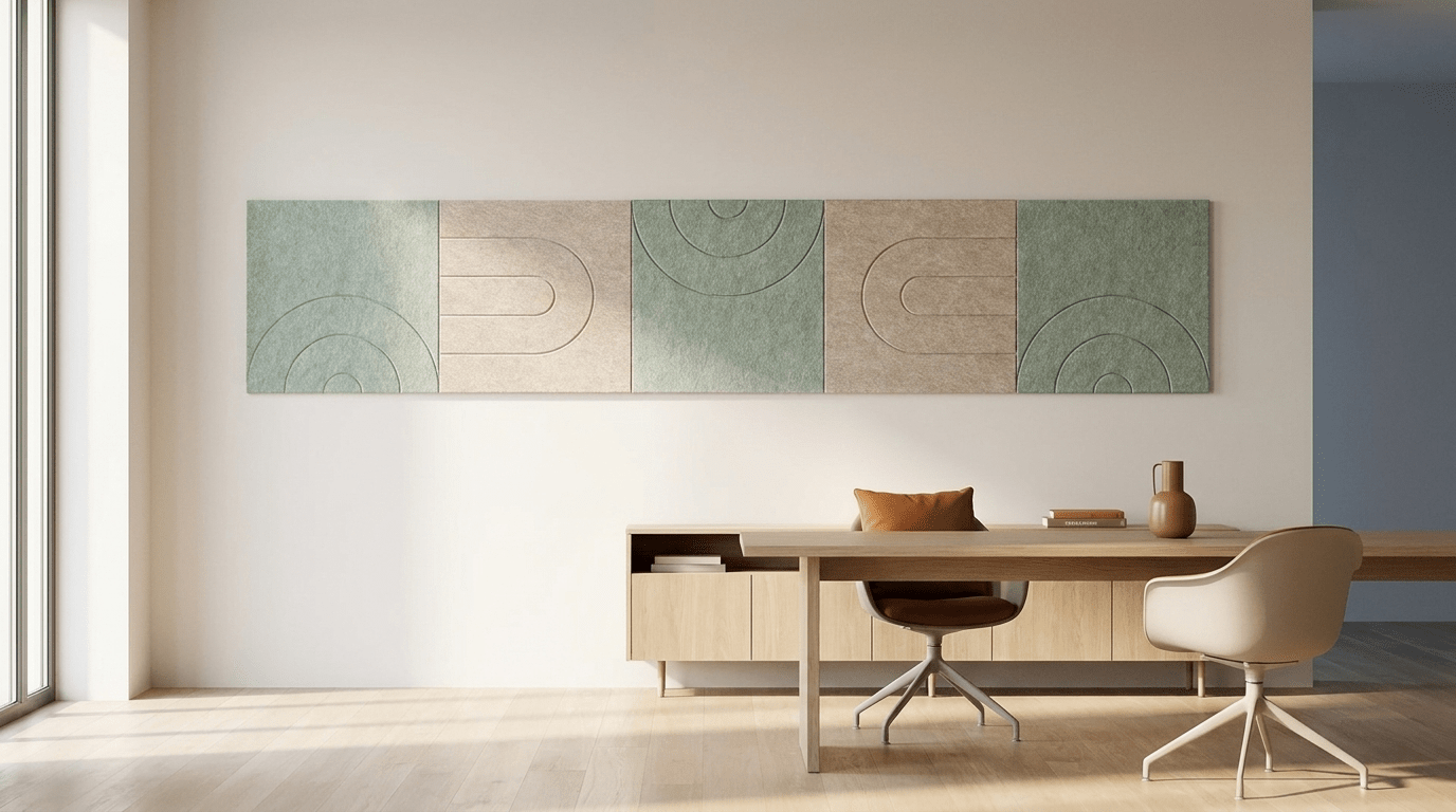 Tafelgesprek zonder galm, akoestische wand van 5 viltpanelen, samen 250 bij 50 cm, in een kantoor