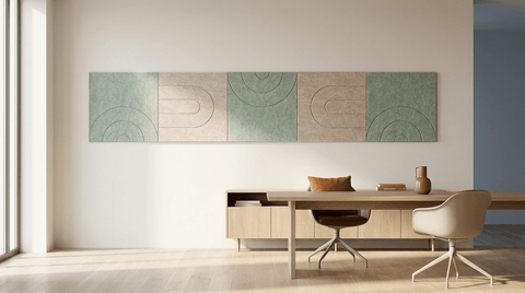 Tafelgesprek zonder galm, akoestische wand van 5 viltpanelen, samen 250 bij 50 cm, in een kantoor
