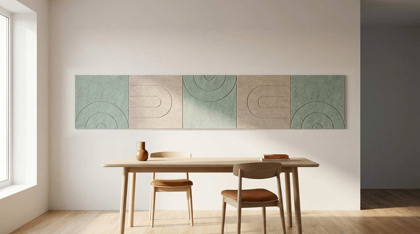 Tafelgesprek zonder galm, akoestische wand van 5 viltpanelen, samen 250 bij 50 cm, in een eetkamer