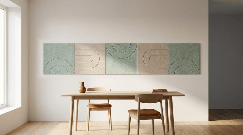 Tafelgesprek zonder galm, akoestische wand van 5 viltpanelen, samen 250 bij 50 cm, in een eetkamer