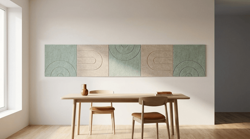 Tafelgesprek zonder galm, akoestische wand van 5 viltpanelen, samen 250 bij 50 cm, in een eetkamer