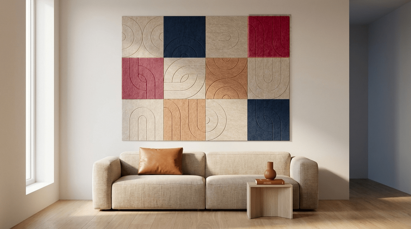 Vorm volgt vilt, akoestische wand van 12 viltpanelen, samen 200 bij 150 cm, in een woonkamer