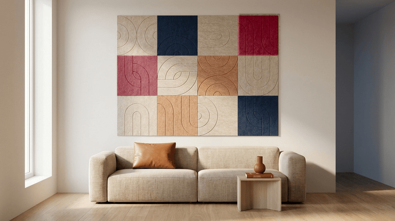 Vorm volgt vilt, akoestische wand van 12 viltpanelen, samen 200 bij 150 cm, in een woonkamer