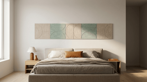 Waar zacht het zachtst mag zijn, akoestische wand van 5 viltpanelen, samen 250 bij 50 cm, in een slaapkamer