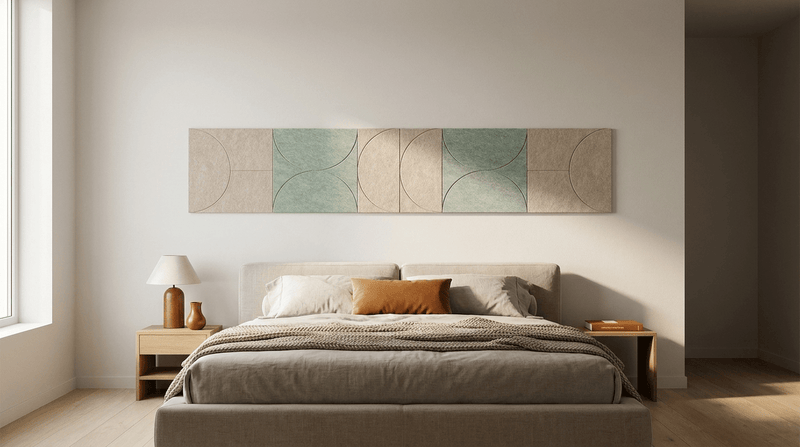 Waar zacht het zachtst mag zijn, akoestische wand van 5 viltpanelen, samen 250 bij 50 cm, in een slaapkamer