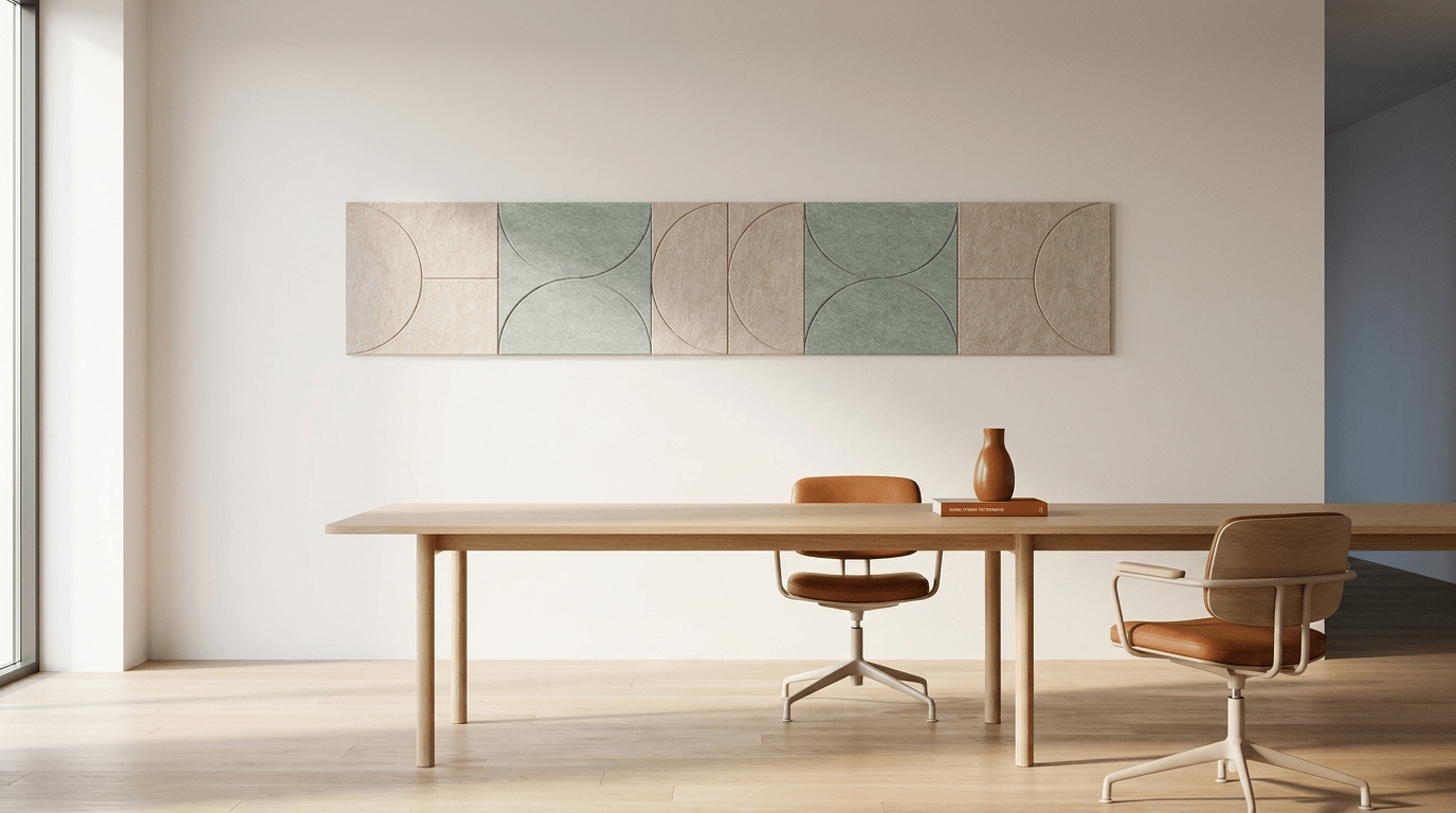 Waar zacht het zachtst mag zijn, akoestische wand van 5 viltpanelen, samen 250 bij 50 cm, in een kantoor