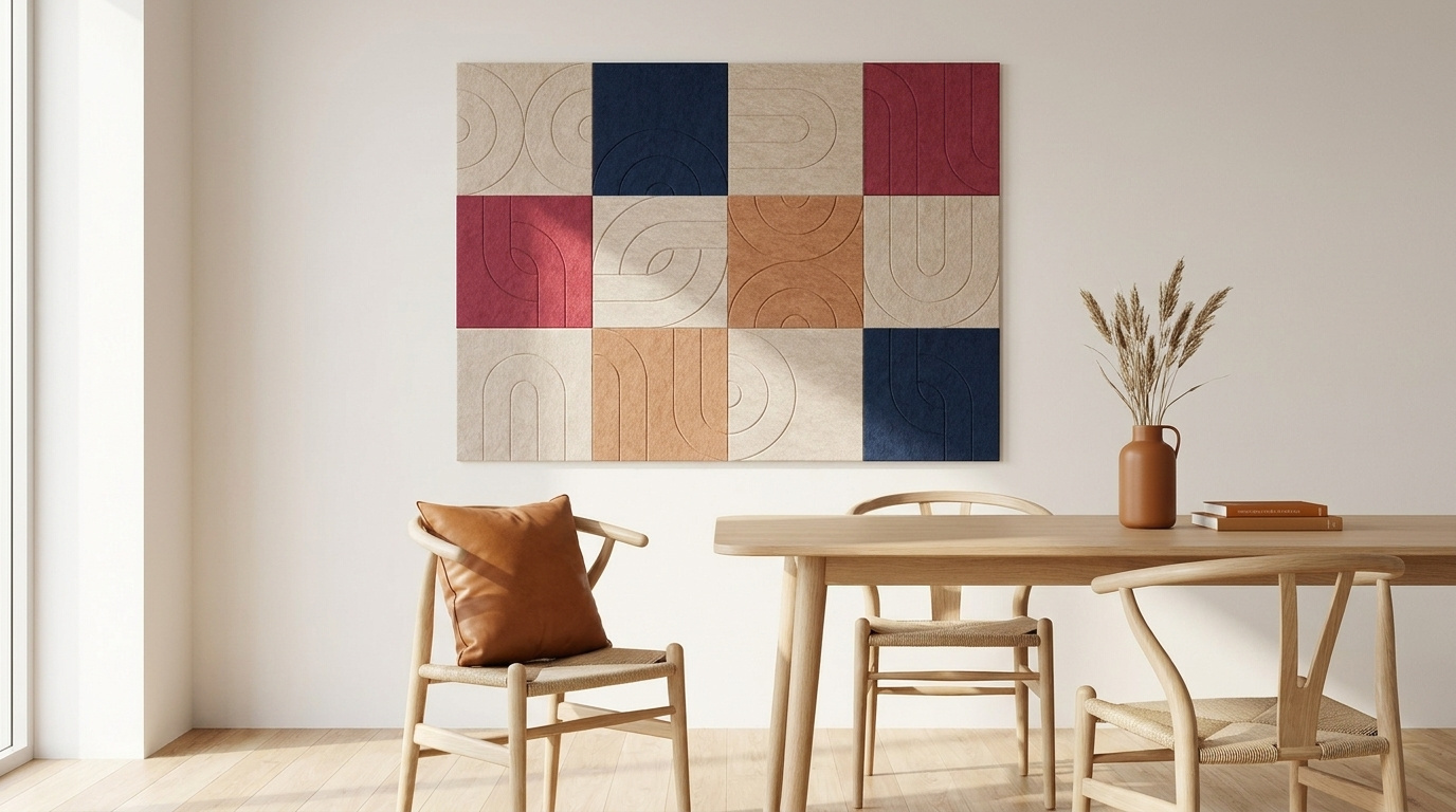 Vorm volgt vilt, akoestische wand van 12 viltpanelen, samen 200 bij 150 cm, in een kantoor