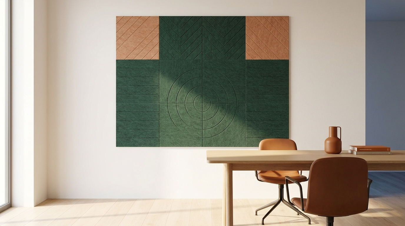 Een waaier van groen en goud, akoestische wand van 12 viltpanelen, samen 200 bij 150 cm, in een kantoor