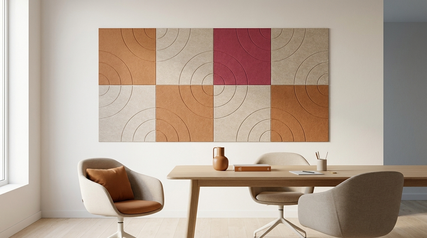 Supergraphic, akoestische wand van 8 viltpanelen, samen 200 bij 100 cm, in een kantoor