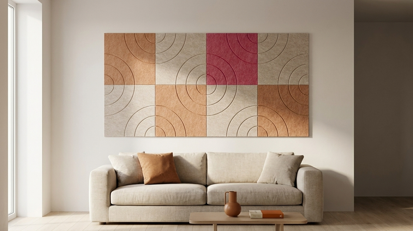 Supergraphic, akoestische wand van 8 viltpanelen, samen 200 bij 100 cm, in een woonkamer
