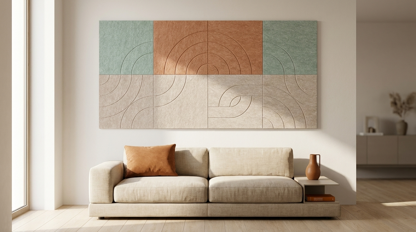 Regenbogen van vilt, akoestische wand van 8 viltpanelen, samen 200 bij 100 cm, in een woonkamer