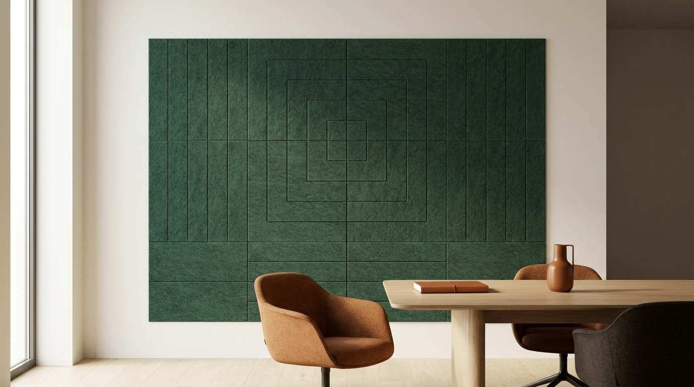 Zachte monoliet, akoestische wand van 12 viltpanelen, samen 200 bij 150 cm, in een kantoor